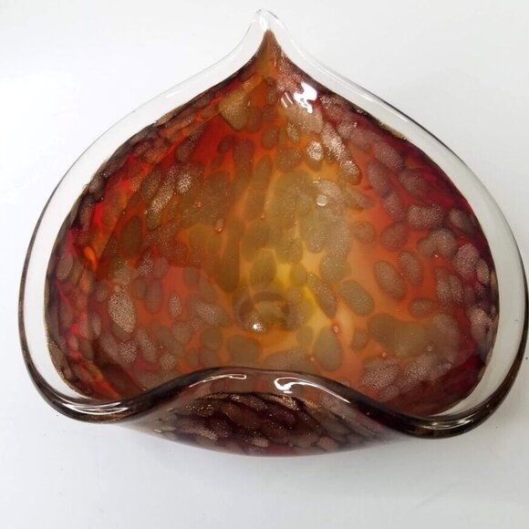 Murano Style Bowl Rolled Edge Glass 9" Gold Foil Amber Red Vintage Italian - Picture 2 of 7